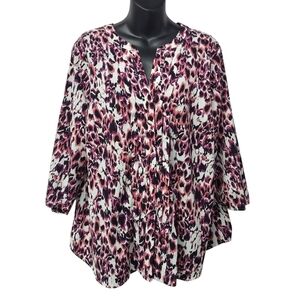 212 Collection 1X Multicolor Leopard Print Blouse 3/4 Sleeve Purple Pink V-neck